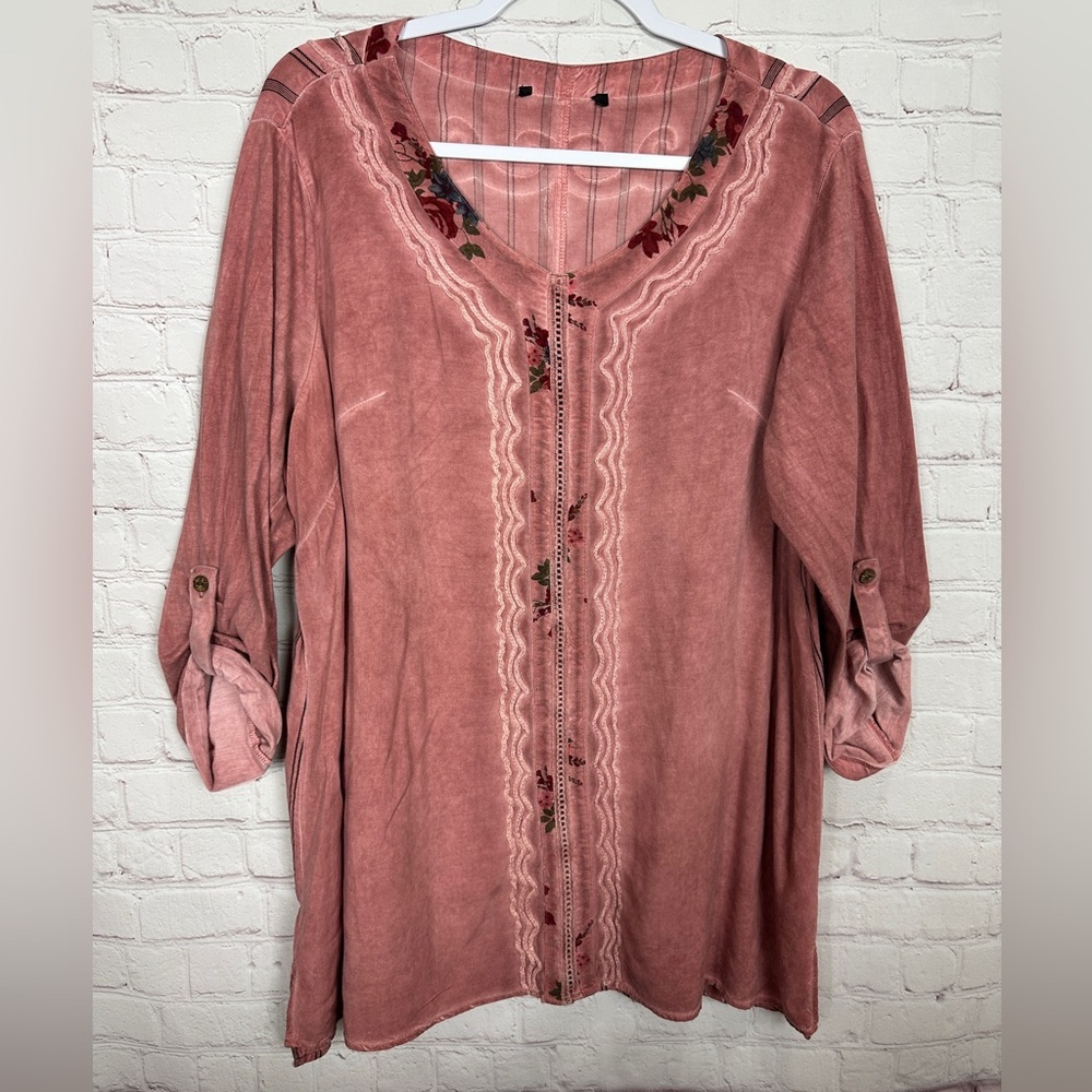 Ali Miles Top Pink Roll Tab Sleeve Scoop Neck Textured rayon tunic blouse Sz XL
